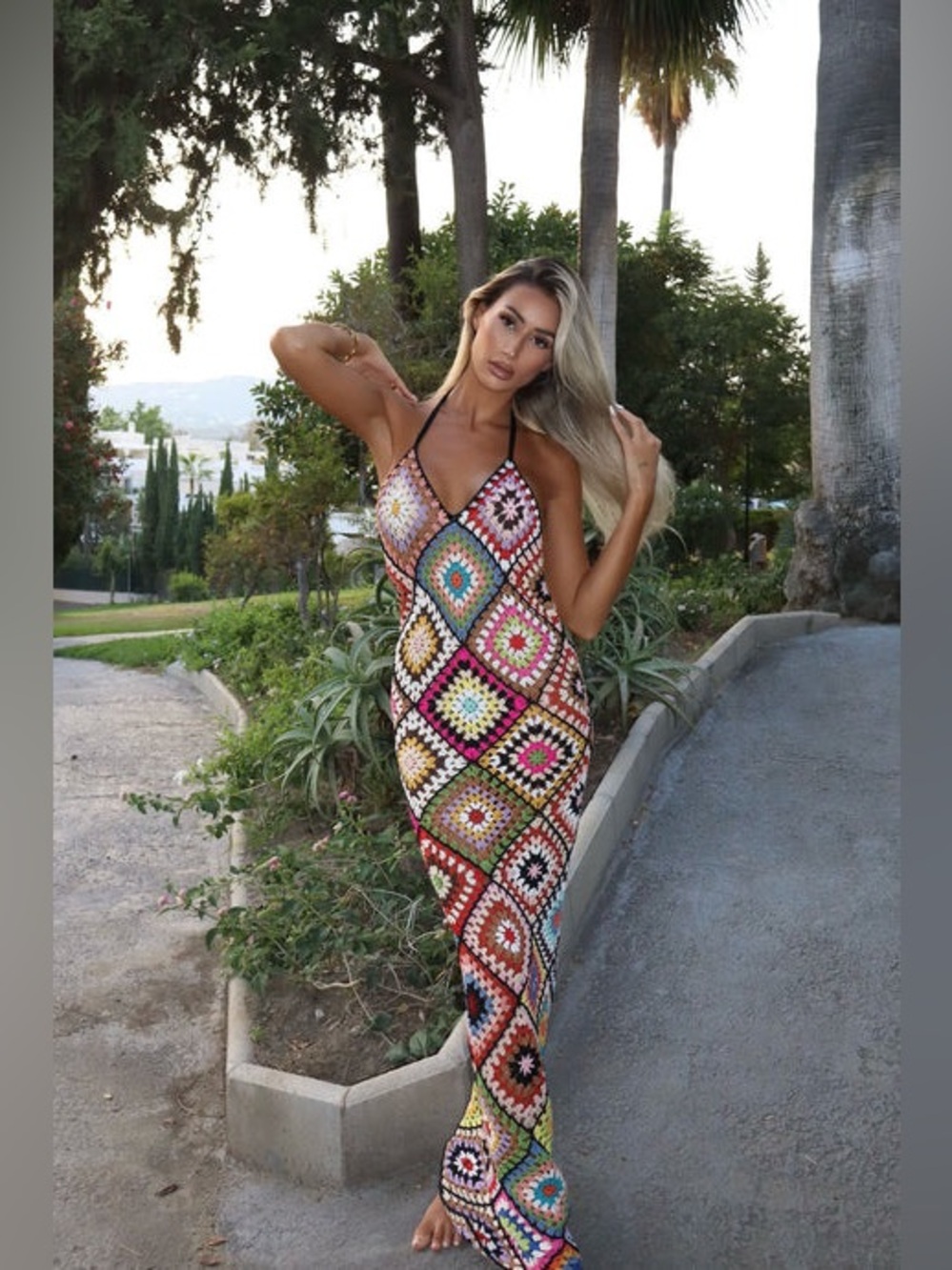 Multicolor Crochet Halter Maxi Dress Cover Up